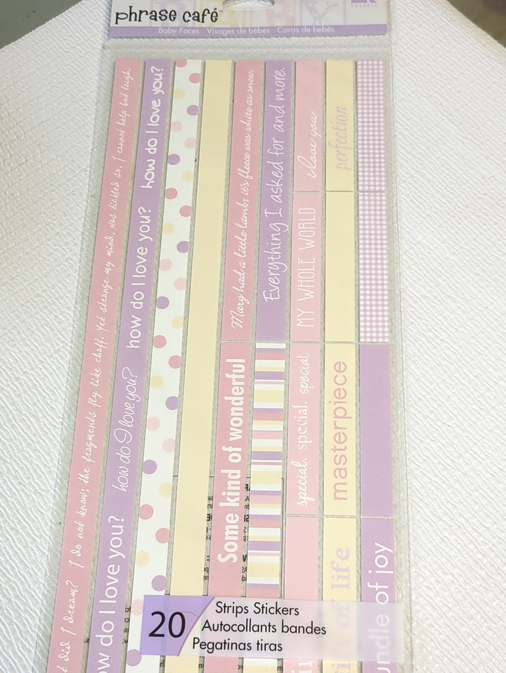 🏵️EK Success Phrase Cafe - Baby Faces Strips Stickers - Pink, Purple, Cream